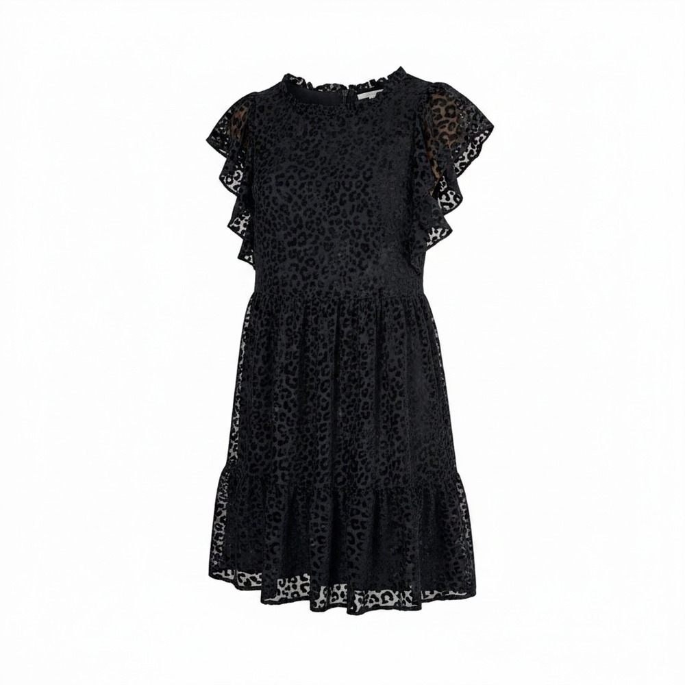 Loft Womens Black Leopard Burnout Velvet Ruffle Tiered Mini Dress Size M